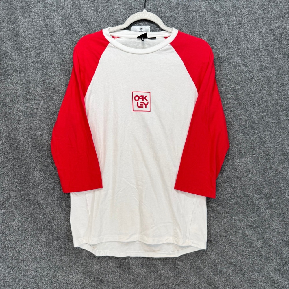 Oakley Shirt Mens Small Baseball Tee White Red Raglan 3/4 Sleeve Logo Y2K